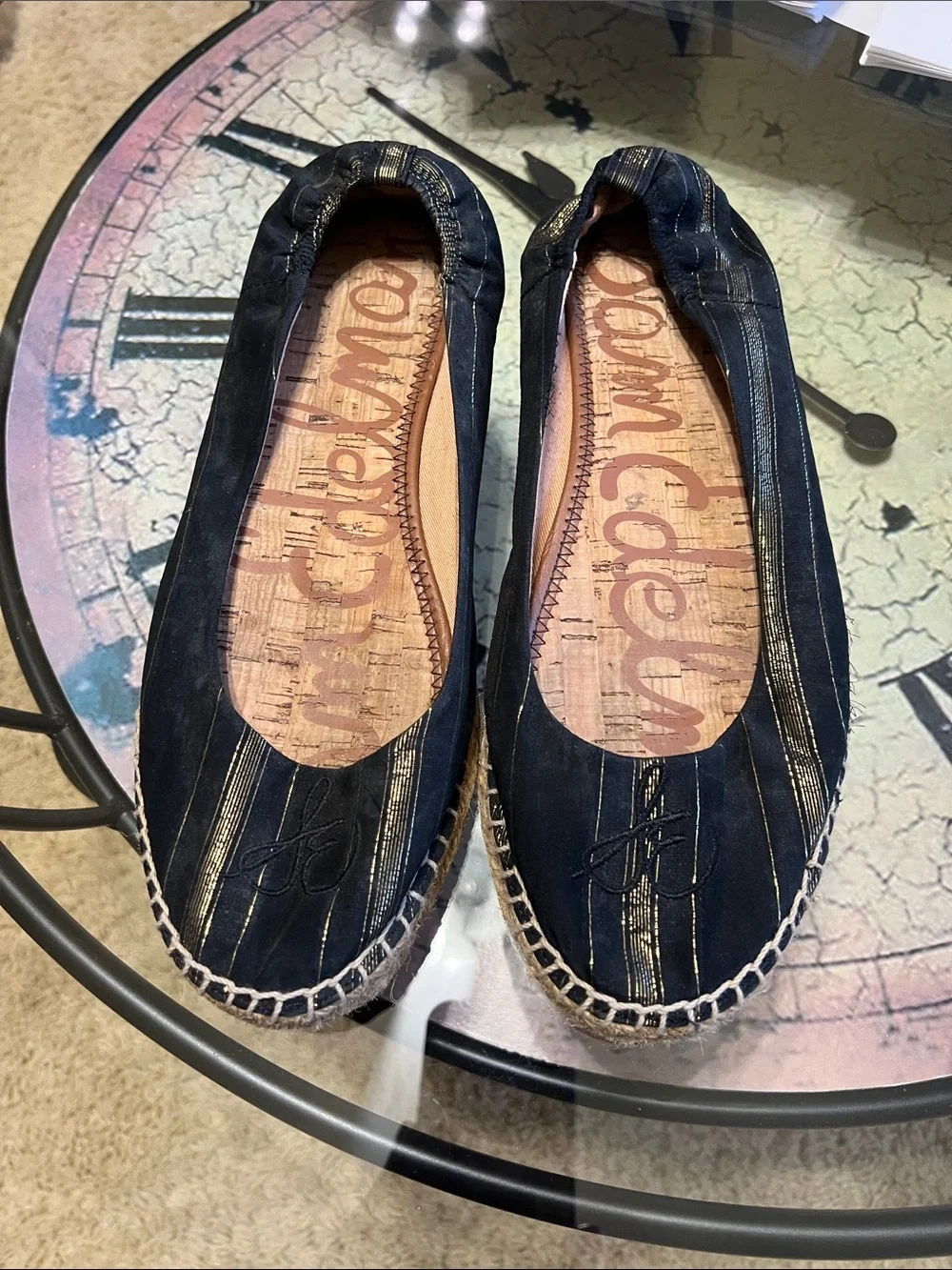 Sam Edelman Black Espadrille Ballet Flats with Gold Stitching. Worn one time.